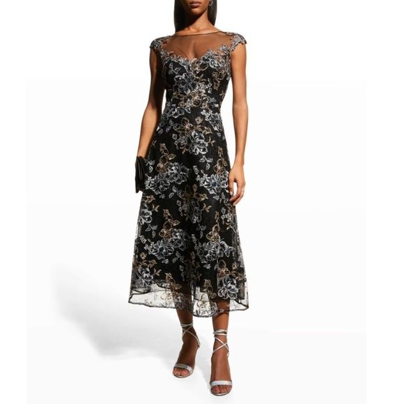 Rickie Freeman for Teri Jon Cap-Sleeve Embroidered Tulle Dress $740 - Picture 3 of 13